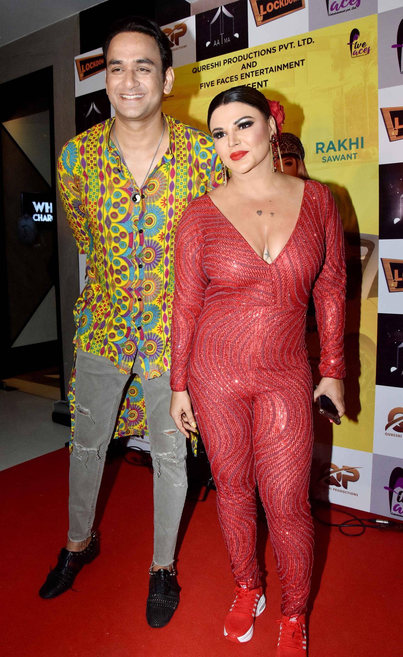 Rakhi Sawant's new music video 'Lockdown' was launched with a grand event in Andheri, attended by her friends from showbiz. Vikas Gupta, whom Rakhi considers one of her close friends, was snapped at the music launch as he posed for the shutterbugs.