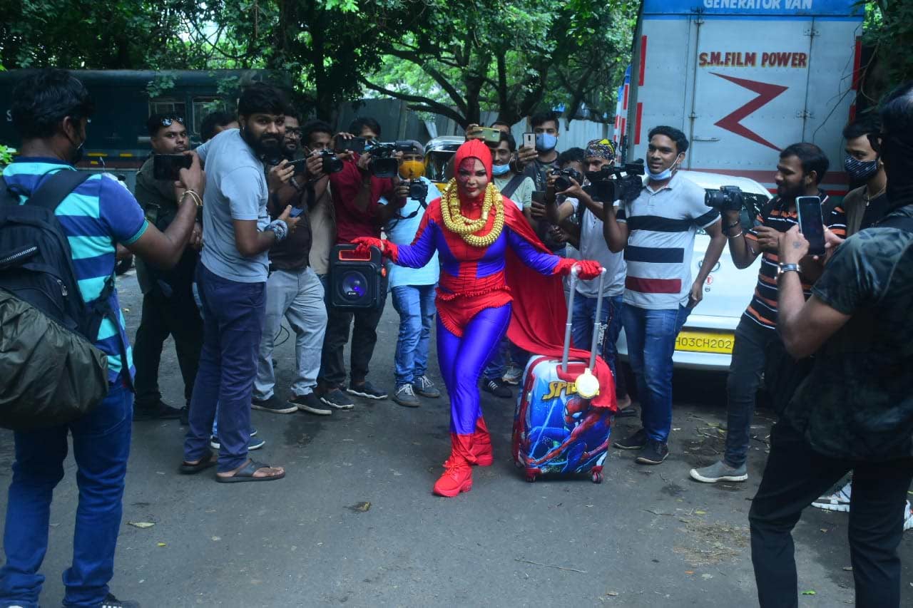 Rakhi Sawant was clicked in a spiderman costume on the sets of Bigg Boss OTT house.