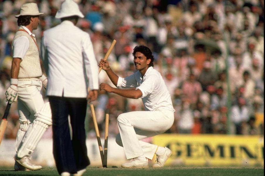 Ravi Shastri celebrates a wicket during a Test match between India and England
