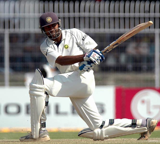Wasim Jaffer plays a shot during a Test match between India and England
