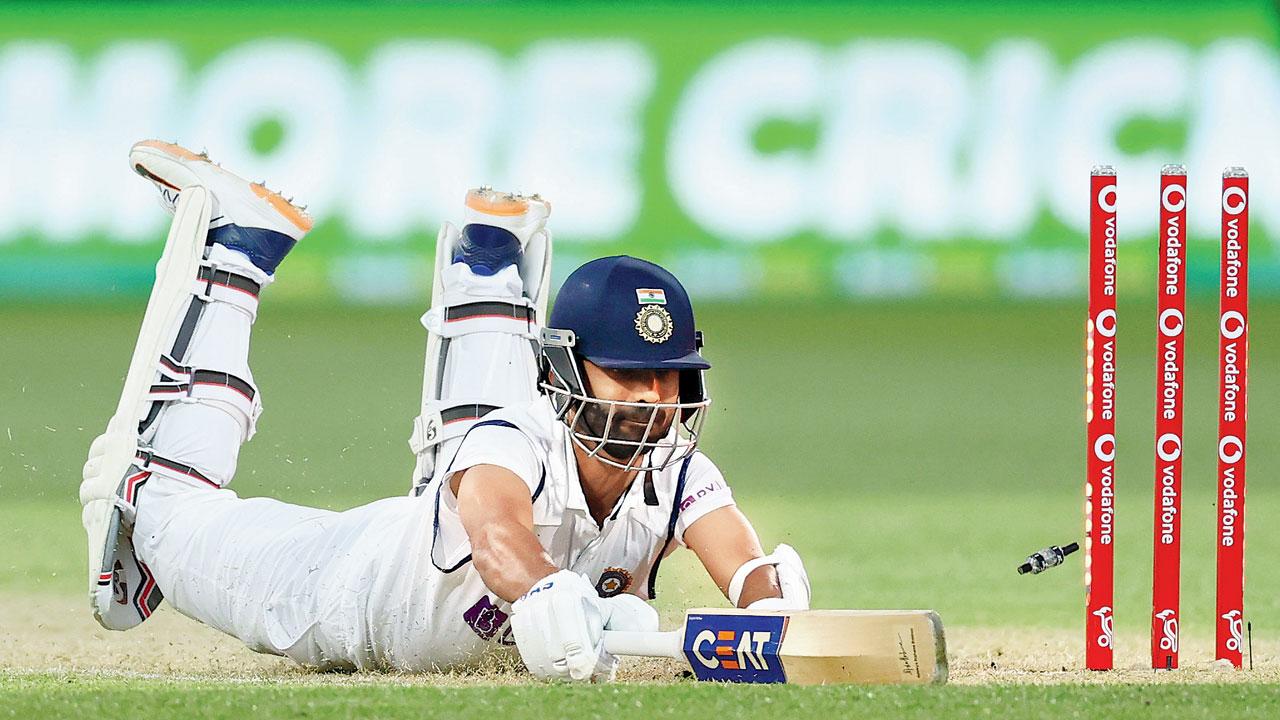 India’s Ajinkya Rahane makes his ground during the December 2020 Adelaide Test. Pic/Getty Images