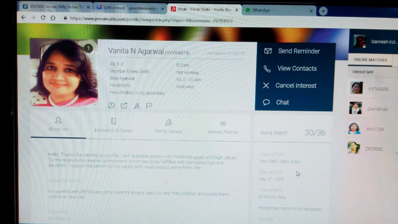 The fake matrimonial account allegedly created by Pintu Sharma