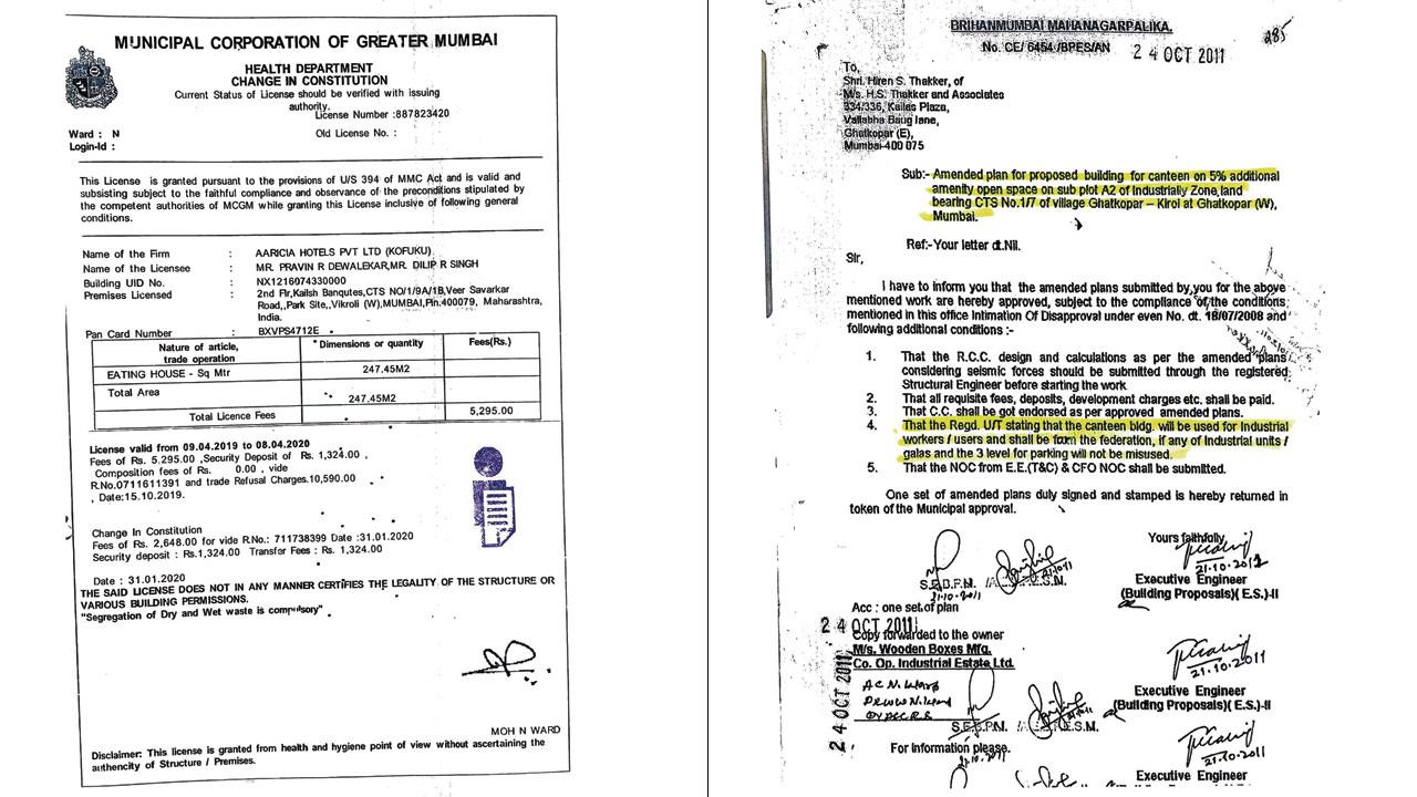 The document with incorrect plot number to secure permissions (right) Plot number of the place where the restaurant and bar is located