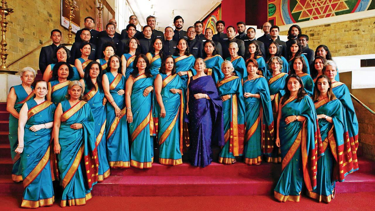 Coomi Wadia with the Paranjoti Academy Chorus at the Tata Theatre, NCPA. Wadia started conducting the choir in 1967, which travelled all over the world with her, giving more than 200 concerts in 18 countries
