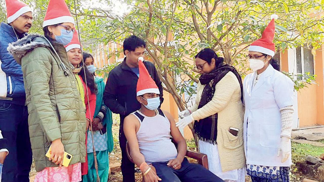 A beneficiary gets a vaccine dose at Khunti of Jharkhand on Dec 24. Pic/ANI