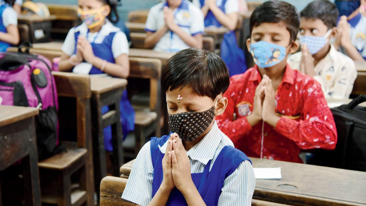 Students attend morning prayers at DS High School in Sion, on Wednesday. Pics/Atul Kamble