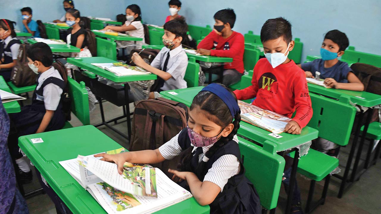 Students attend a class at Woolen Mill MPS on Wednesday. Pic/Ashish Raje