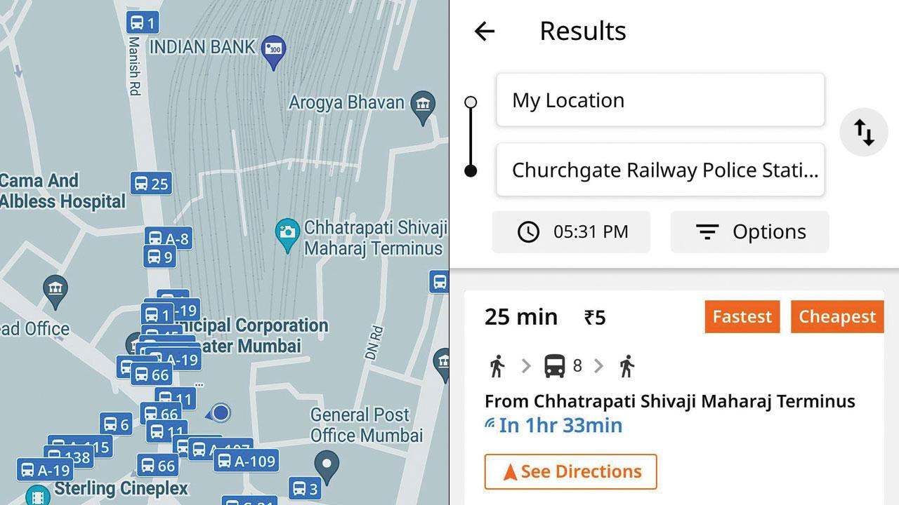 The app tracks all BEST buses in real time; (right) it will also show various bus options from one place to another and what the fare will be