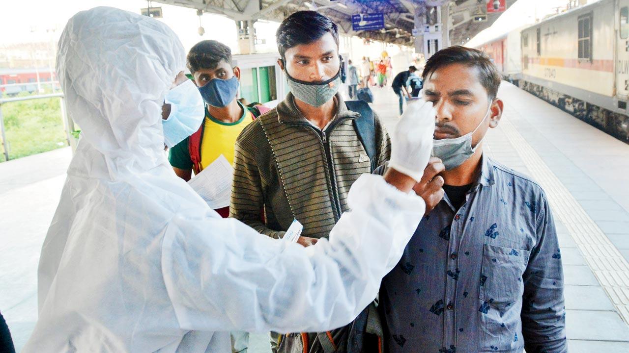 A passenger is tested at LTT on Wednesday. Pic/Sayyed Sameer Abedi