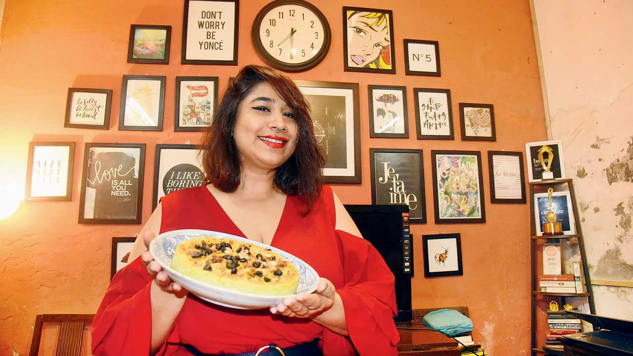 Uttan resident Alefiya Jane, a brand strategist and East Indian chef who runs She Bakes, Dirty Bakery and The Bottle Masala, holds the Umber, a farmer’s cake, which was used as a welcome dish during Christmas. It’s made using cucumber, sugar, fresh coconut, and semolina. Pics/Sameer Markande