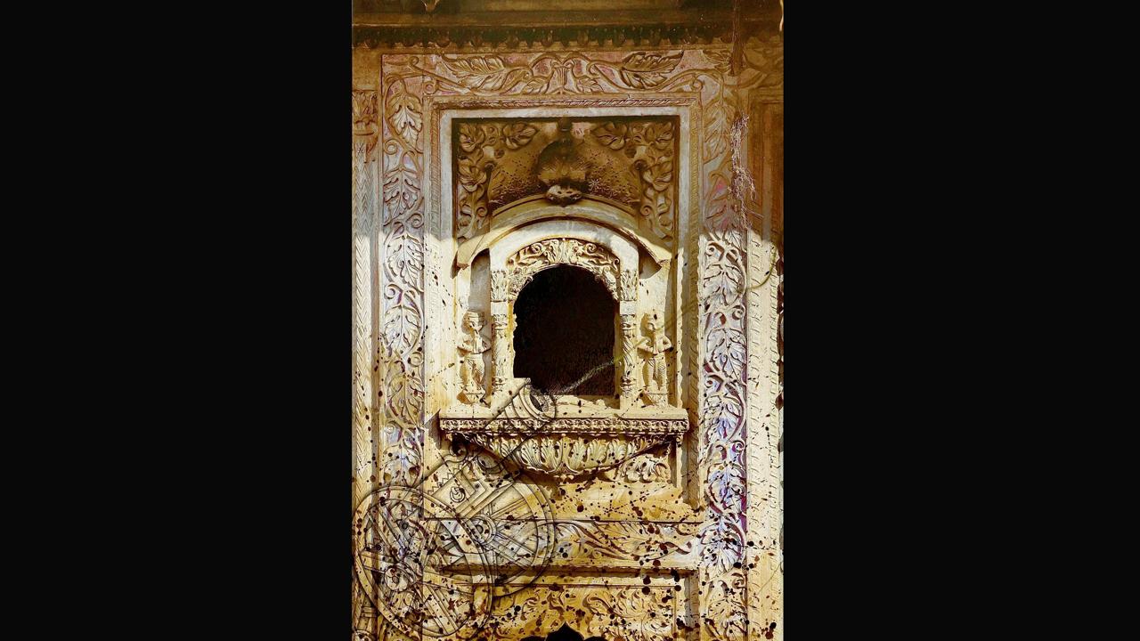 A photograph of a jali in Pranami Mandir in Punjab, Pakistan, on which Waseem has drawn a cannon, to reflect on how sometimes unintentionally or even forcefully, a structure loses its significance. “For instance, this is a Hindu temple, but is inhabited by Muslims,” says Waseem