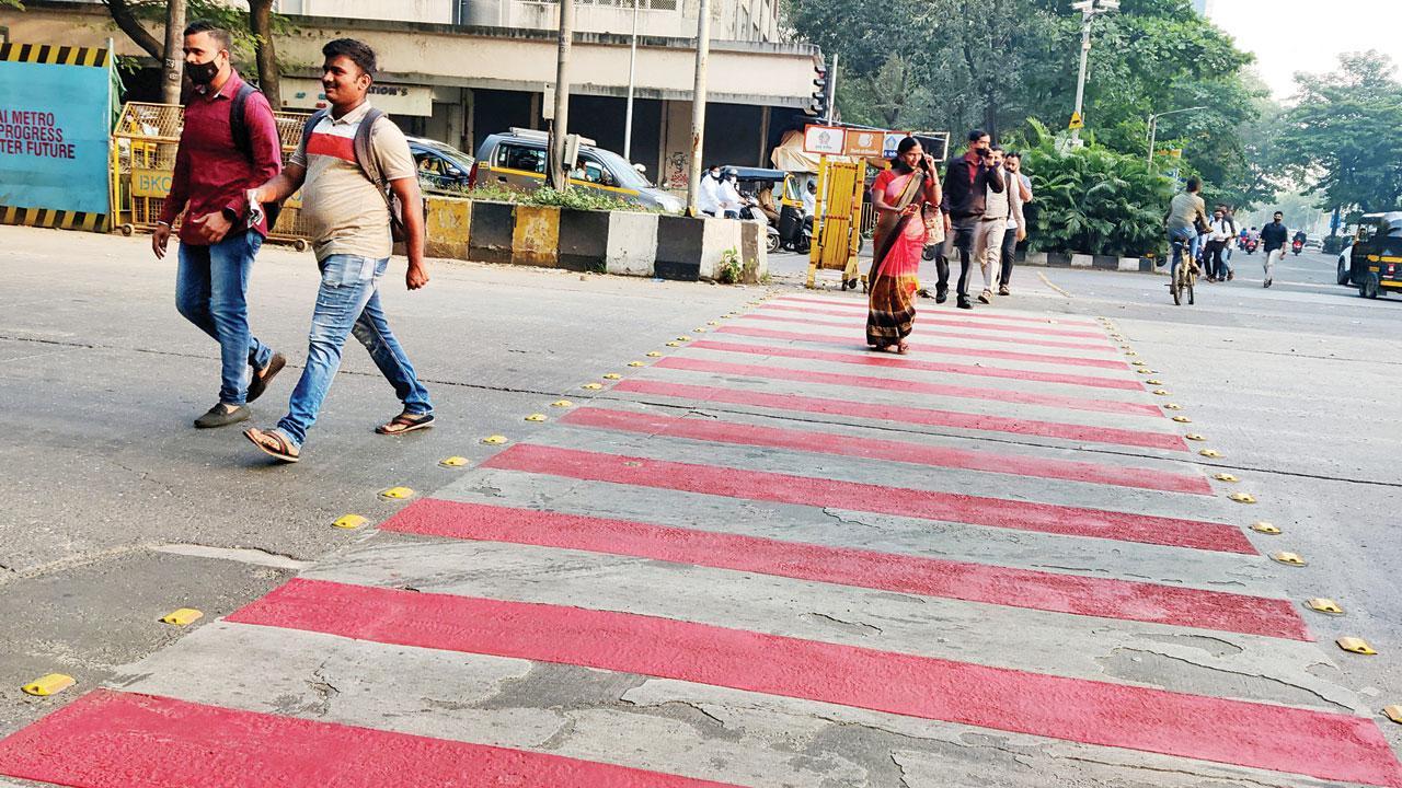Zebra crossing changes stripes to red and white at BKC