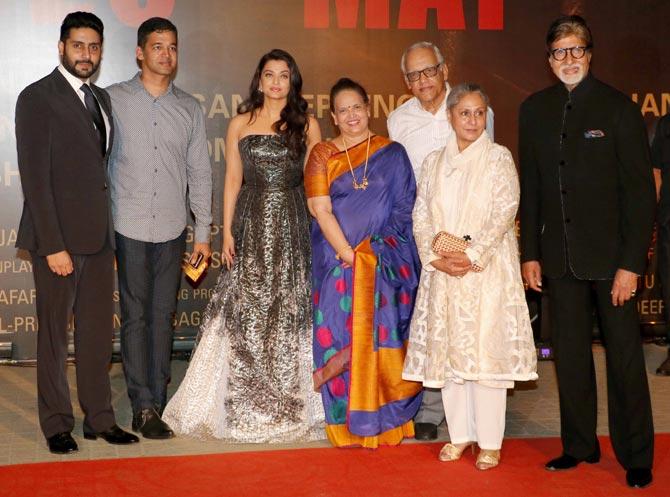Aishwarya Rai Bachchan's family attended the screening of her film 'Sarbjit'. From left: Abhishek Bachchan, Aditya Rai, Aishwarya Rai Bachchan, Vrinda Rai, Krishnaraj Rai, Jaya Bachchan and Amitabh Bachchan.