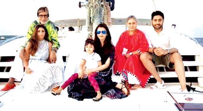 This photo of the Bachchans is from their Maldives holiday. Amitabh Bachchan, Shweta Bachchan Nanda, Aaradhya Bachchan, Jaya Bachchan and Abhishek Bachchan enjoy a yacht ride.