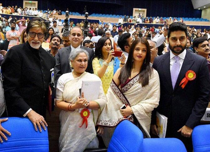 Amitabh Bachchan, Jaya Bachchan, Aishwarya Rai Bachchan and Abhishek Bachchan at the National Film Awards ceremony.