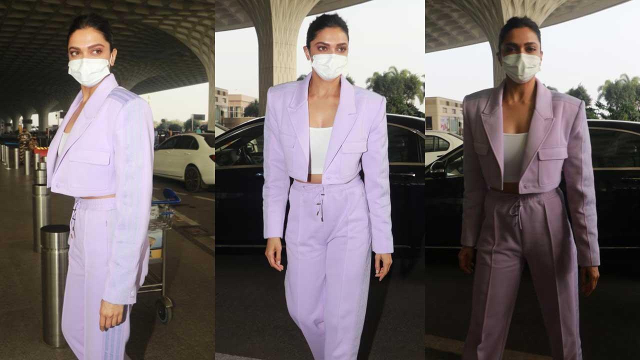The actress wore a lilac pant suit with a white crop for her departure