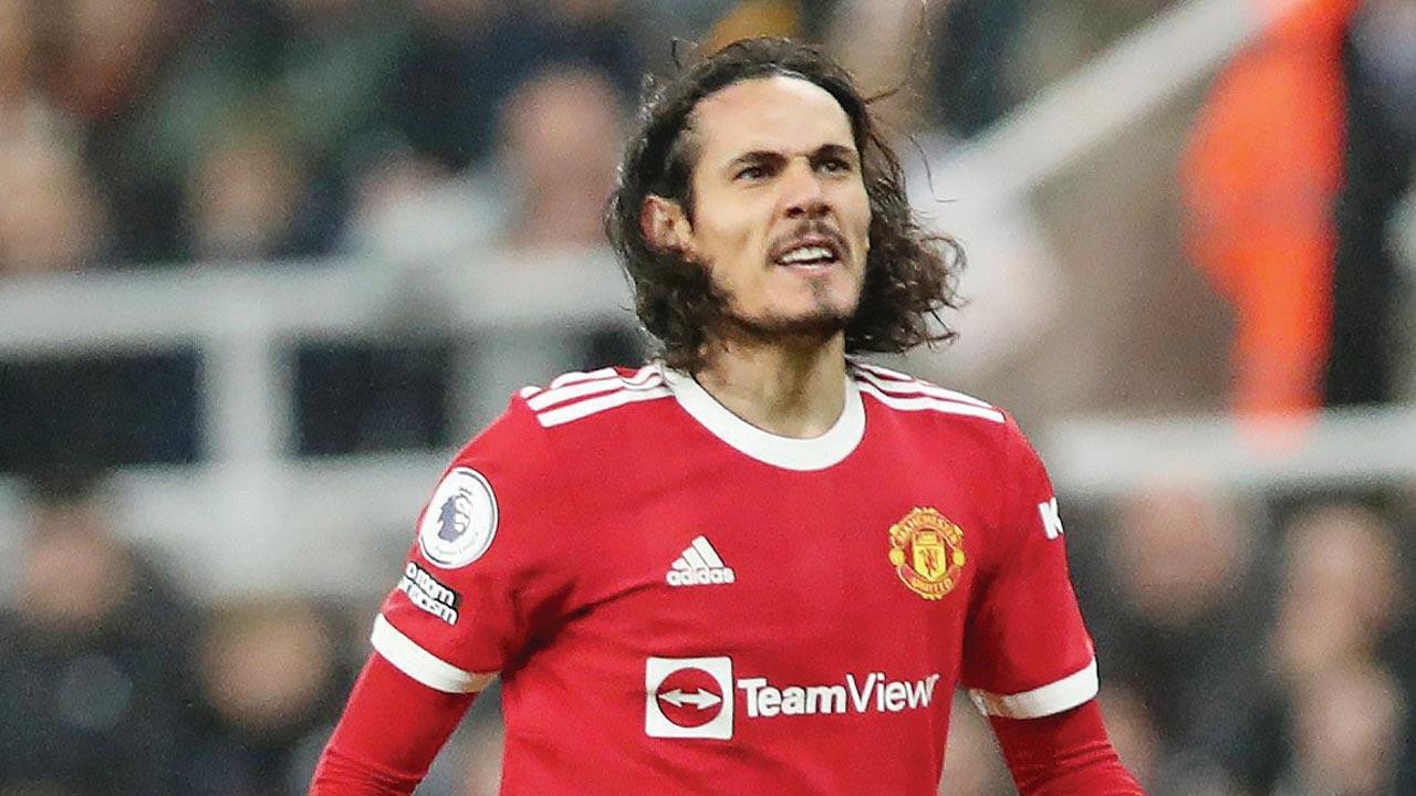 Manchester United’s Edinson Cavani celebrates after scoring against Newcastle at St James Park in Newcastle on Monday. Pic/Getty Images