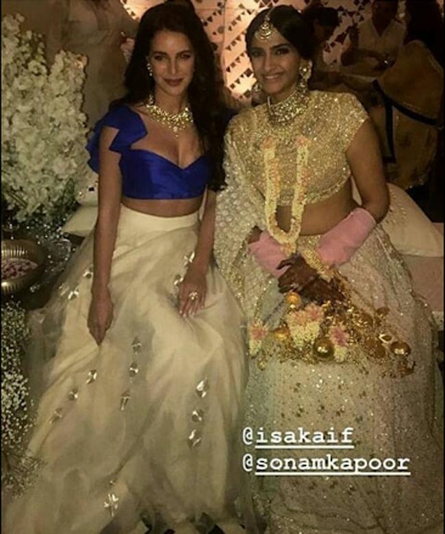 Katrina Kaif's sister Isabelle Kaif poses with the Sonam Kapoor during the sangeet ceremony.