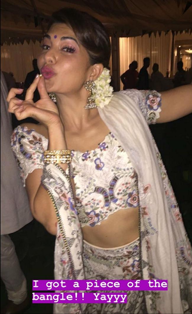 Jacqueline Fernandez poses for a picture during the sangeet ceremony of Sonam Kapoor and Anand Ahuja.