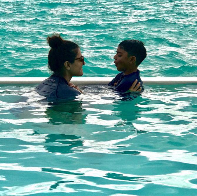 Yug enjoys pool time with mother Kajol in the Maldives