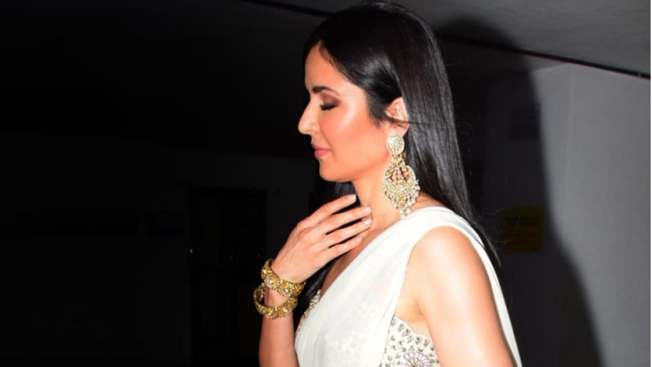 The actress teamed her white ruffle saree with a sequin blouse. Vicky and Katrina are expected to arrive in Rajasthan on Monday for their big fat wedding.