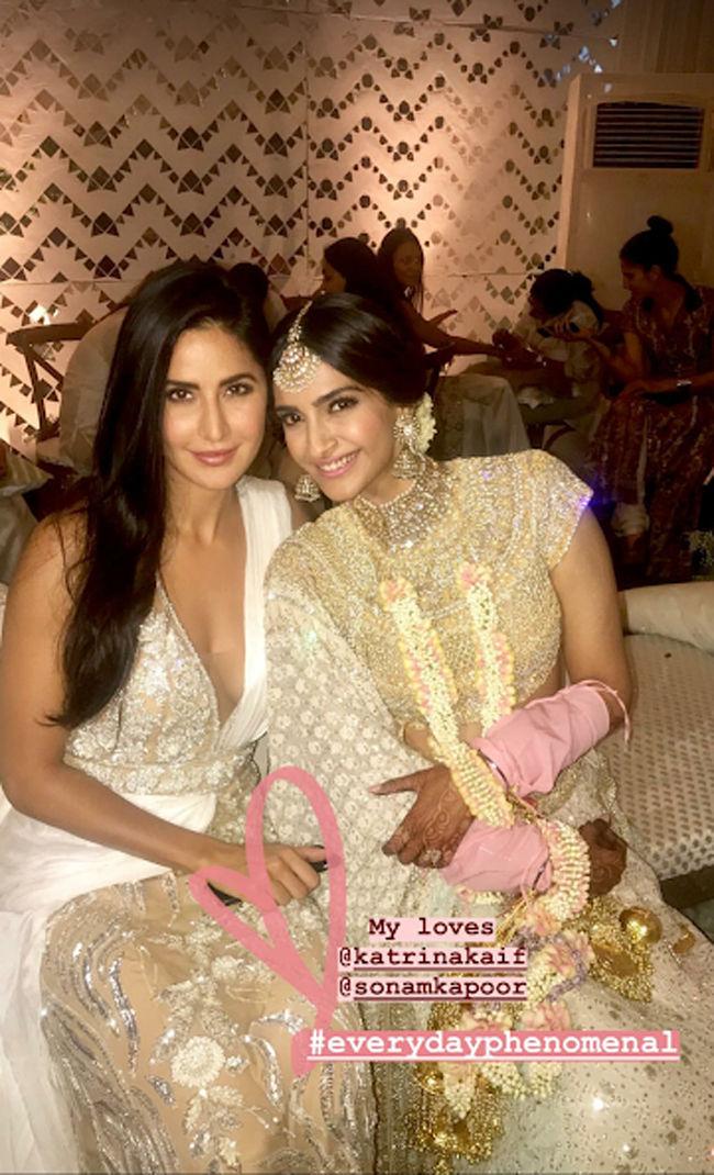 Katrina Kaif poses with the Sonam Kapoor during the sangeet ceremony.