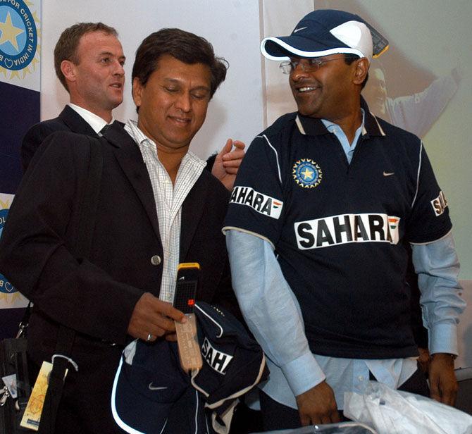 Kiran More played 49 Test matches and scored 1,285 runs at an average of 25.70. He scored 7 fifties , with 73 being his top score.
In pic: Kiran More and Lalit Modi (right), former vice president of BCCI at a press conference of Nike Official Kit Sponsorship Deal for Indian Cricket Team at Hotel Leela, Sahar Andheri [E]