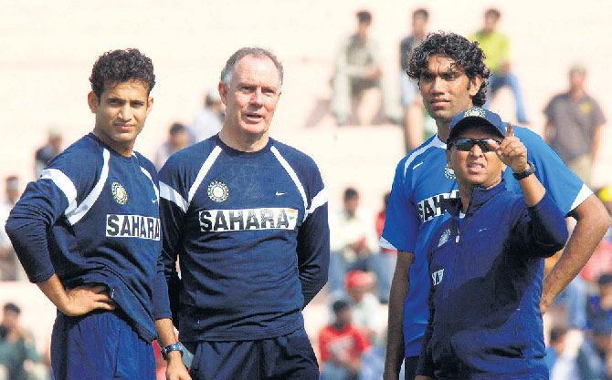 In picture: Irfan Pathan, Greg Chapell, Munaf Patel and Kiran More during the first day of the 2nd Test played between India and England at Punjab Cricket Association's (PCA) Mohali stadium in 2006.