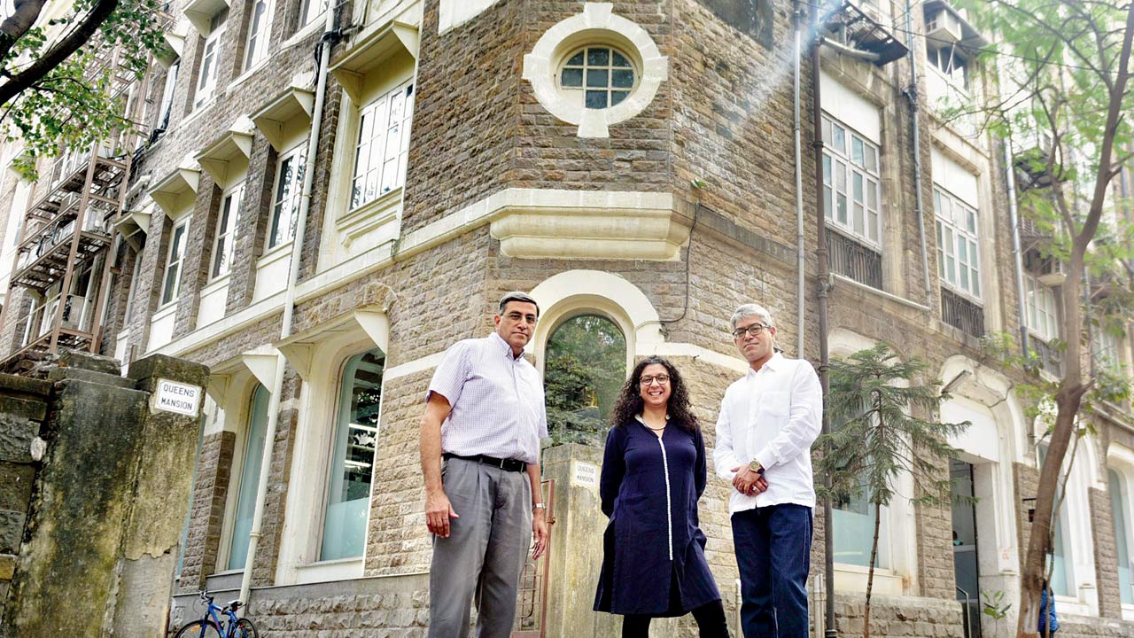 Advocate Erach Kotwal, gallerist Shireen Gandhy and media consultant Vivek Suchanti outside their Queens Mansion offices on Prescott Road. File pics