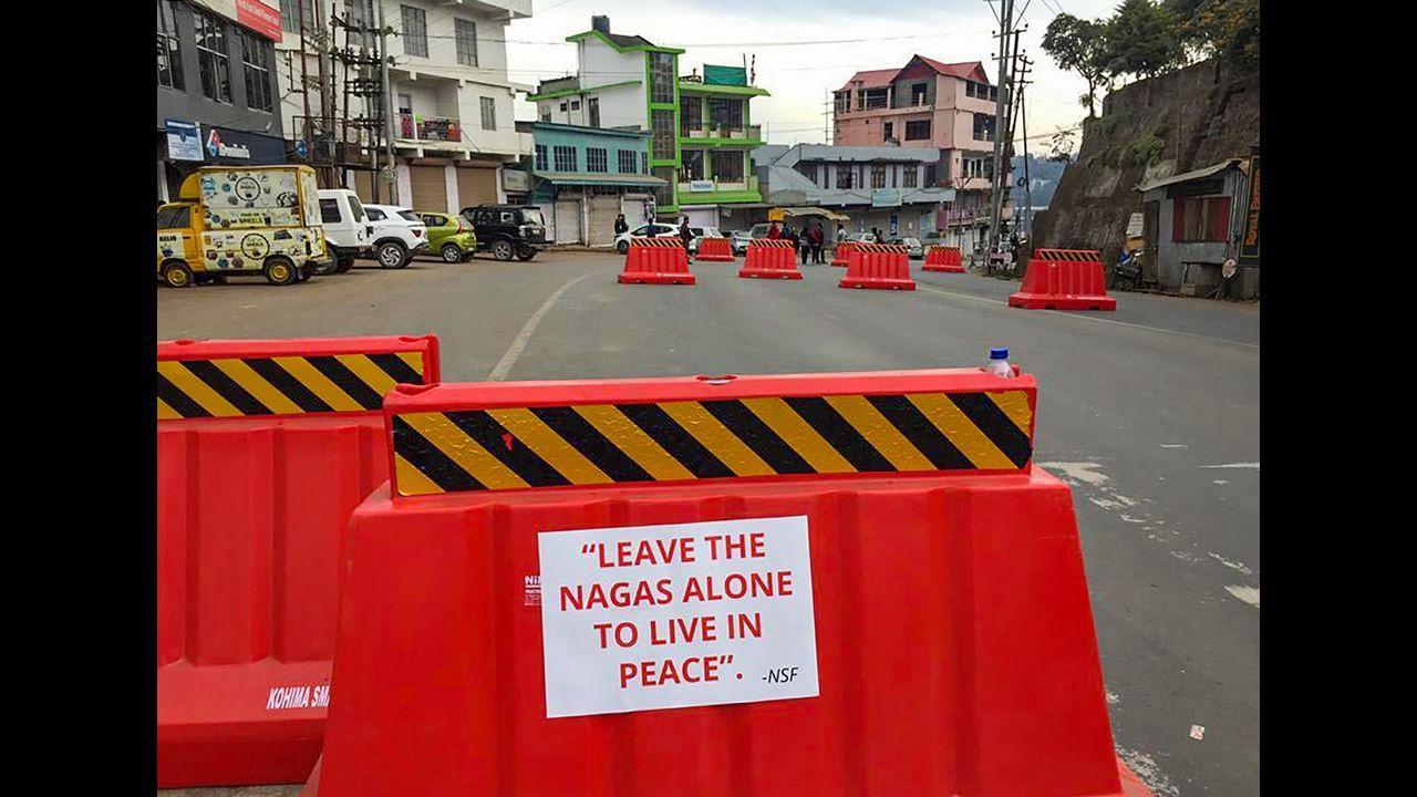 A deserted street during Nagaland bandh over the death of the 15 people. Pic/PTI