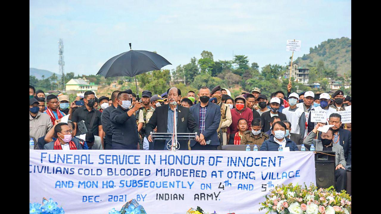 Nagaland Chief Minister Neiphiu Rio addresses the funeral of the 15 people who were allegedly killed by Armed Forces, in Mon district, Monday. Pic/PTI
