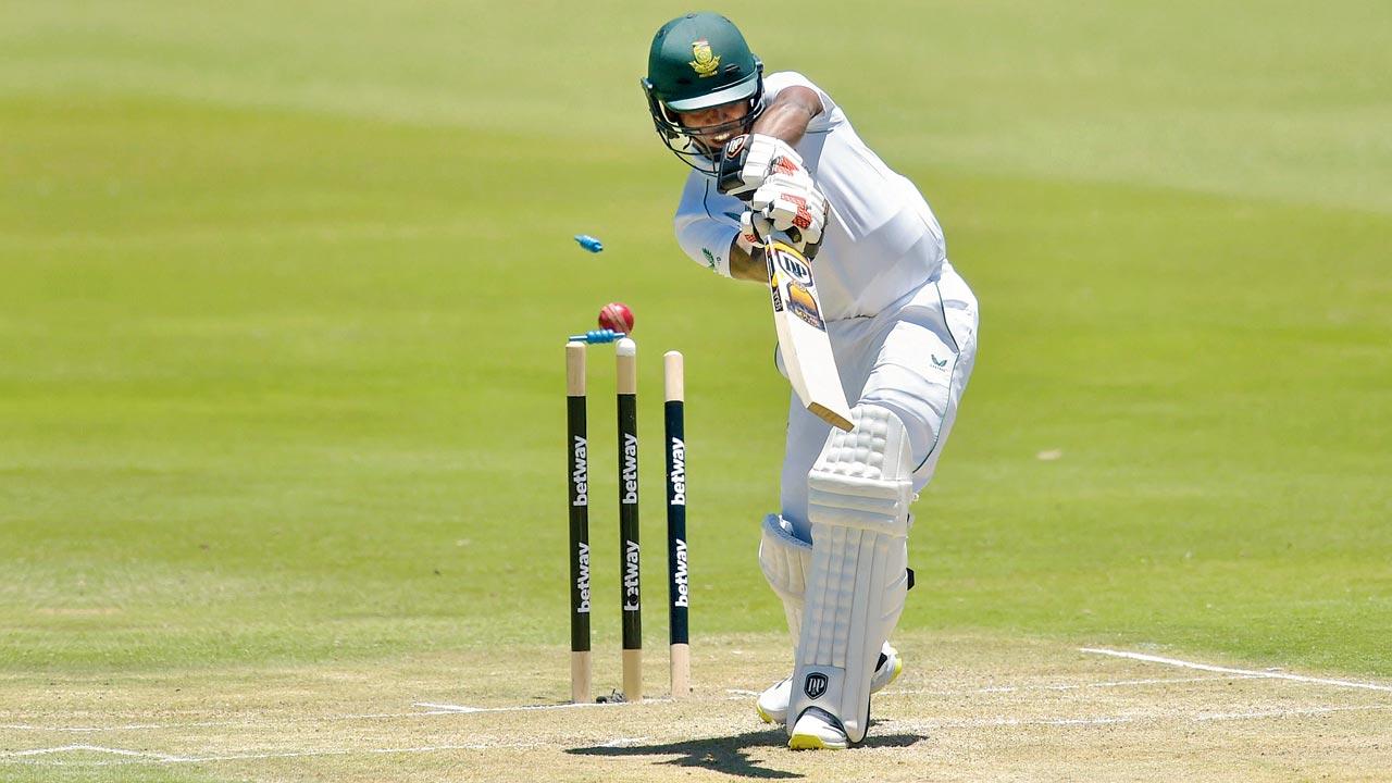 SA’s Keegan Petersen is bowled by Mohd Shami on Day Three of the first Test yesterday. Pic/AFP