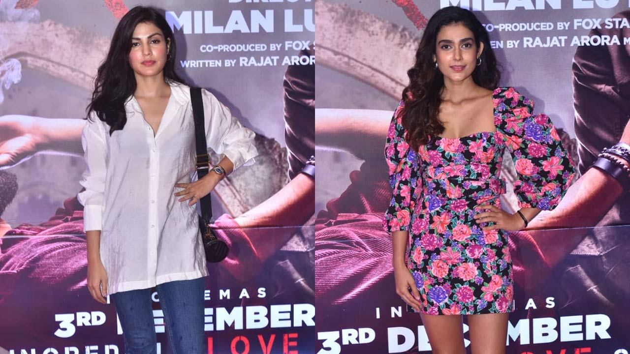 Rhea Chakraborty opted for an oversized white shirt, paired with denim boots as she attended the show. Akanksha Singh, who will be next seen in 'Runway 34,' Ajay Devgn's directorial venture, opted for a floral outfit at the premiere.