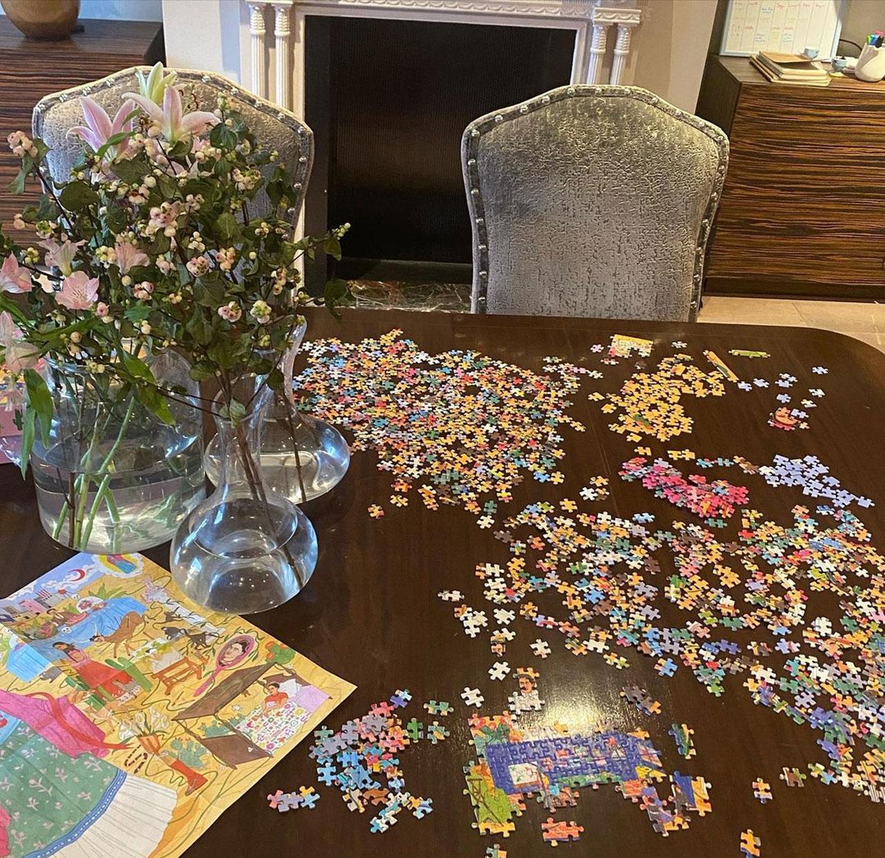 The ‘Messy’ Post
Twinkle Khanna shared a video that also had her son Aarav Kumar. Aarav bought a 1000-piece jigsaw puzzle for his sister Nitara but all Twinkle could think about was her messy hair and the messier table. She also confessed she’s obsessed with the puzzle. 
 