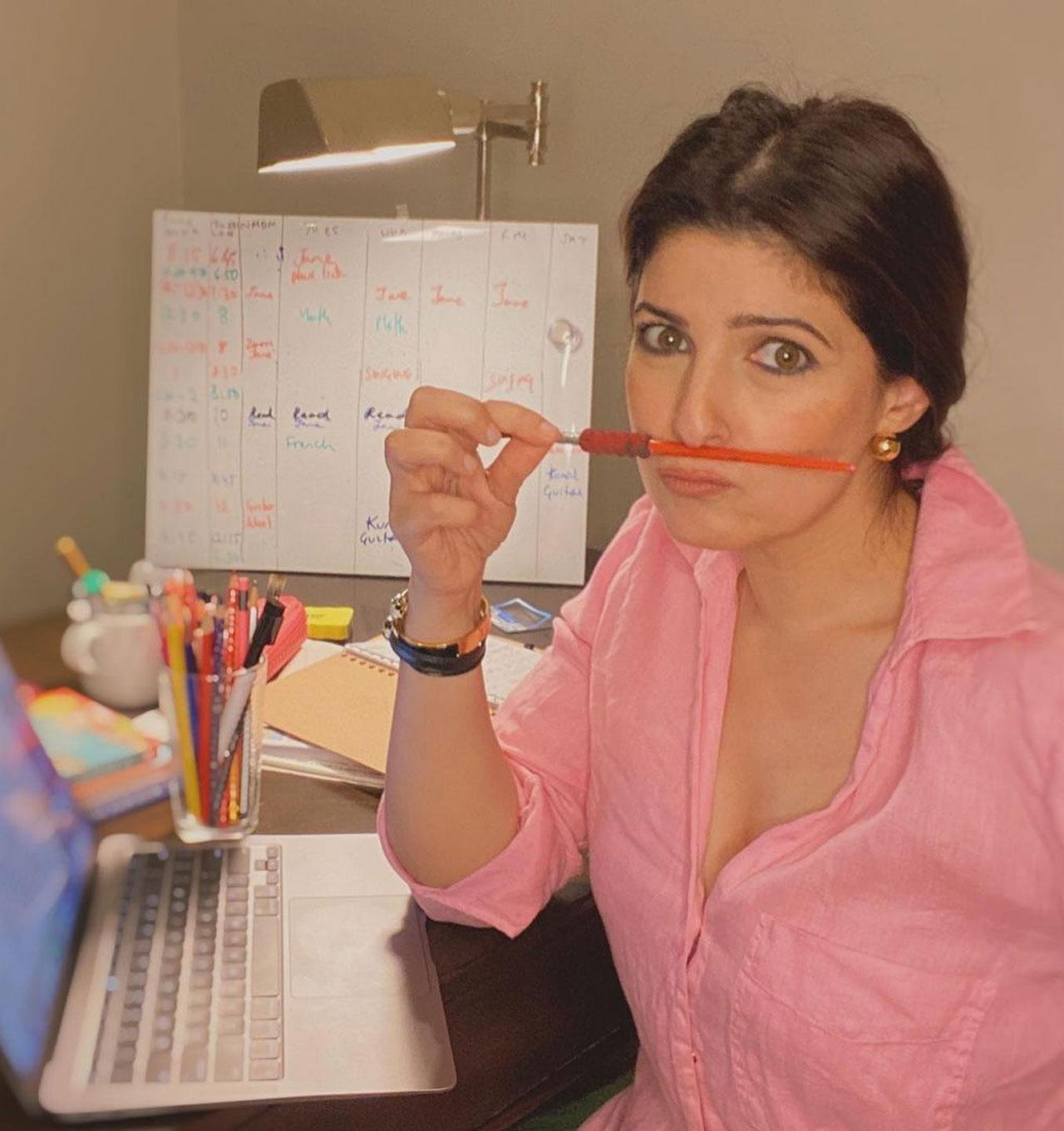 Goofing around with paintbrush 
Twinkle Khanna is an actor and an author. As she was working on her book, she took out some time to goof around with her paintbrush and paint fake mustaches. It was a candid and honest post. And also very amusing.