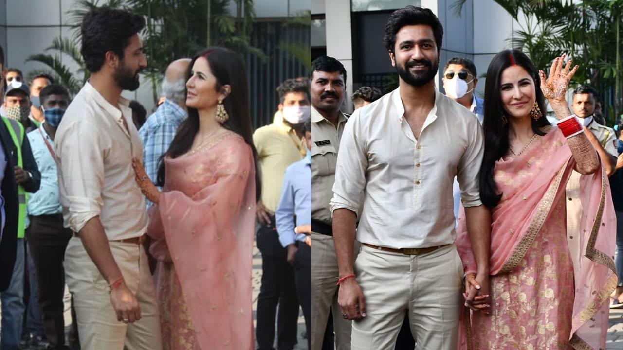 Vicky Kaushal and Katrina Kaif happily posed for the paps as they arrived in Mumbai