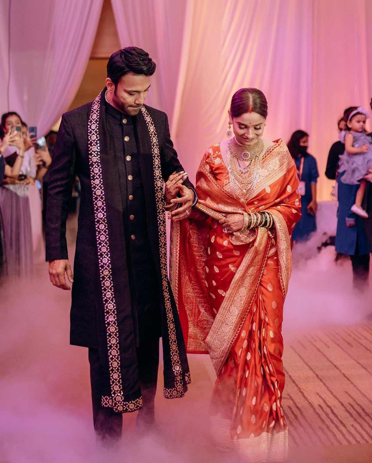 Ankita Lokhande was seen wearing a golden lehenga, and we couldn't take our eyes off the newly wedded bride of the television industry. Vicky Jain too showed off his dapper side in a white sherwani.