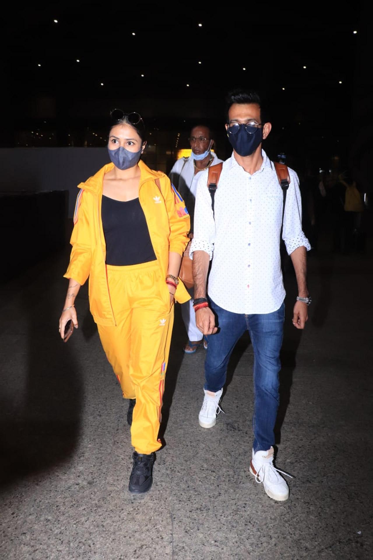 Yuzvendra Chahal and wife Dhanashree spotted at Mumbai airport