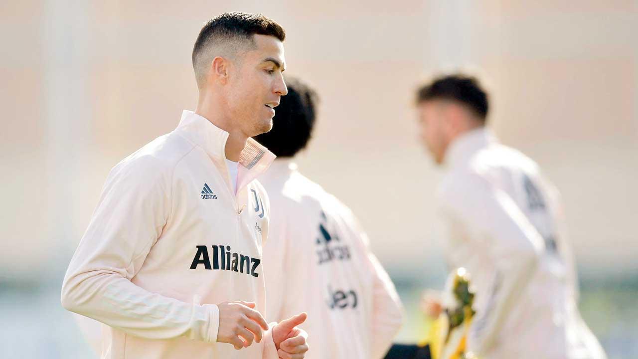 Cristiano Ronaldo during a training session in Turin, Italy  on Thursday. Pic/Getty Images