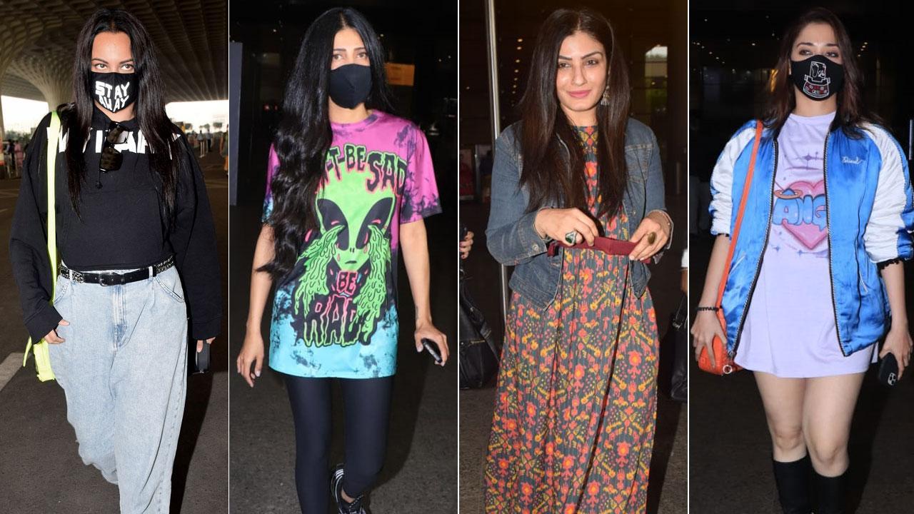 Sonakshi Sinha, Shruti Haasan, Raveena Tandon, Tamannaah Bhatia at airport