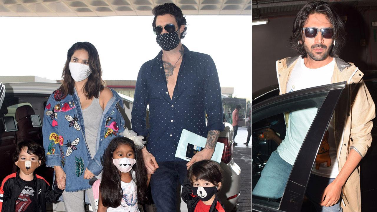 Sunny Leone with Daniel and kids, Kartik Aaryan at Mumbai airport