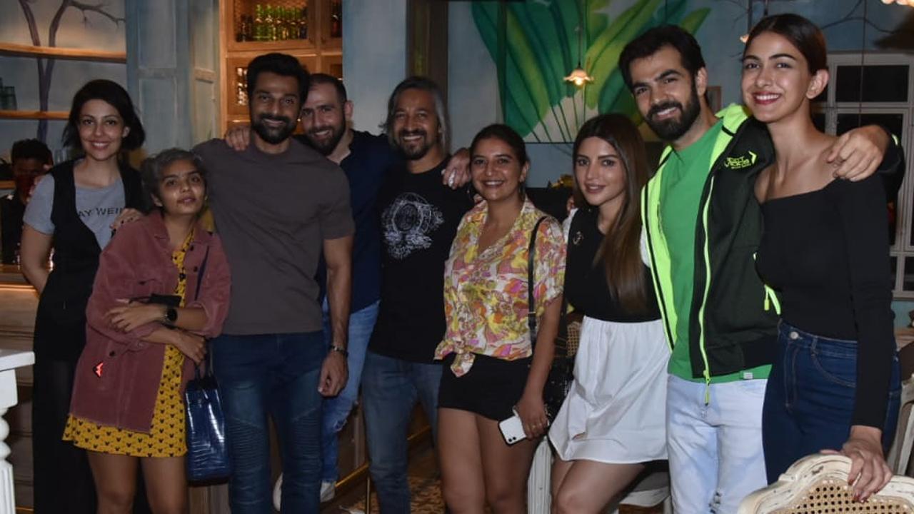 Poppy Jabbal, Veer Aryan, Gulaam Gouse Deewani, Saiwyn Quadras, Shama Sikander, Karan Grover and Rhea Sukhija posed together at the launch of popular eatery chain The Tanjore Tiffin Room's new outlet in Bandra, Mumbai.