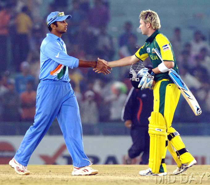 In picture: Rahul Dravid greets Michael Clarke when India played Australia in the ICC Champions Trophy 2006 in Mohali.