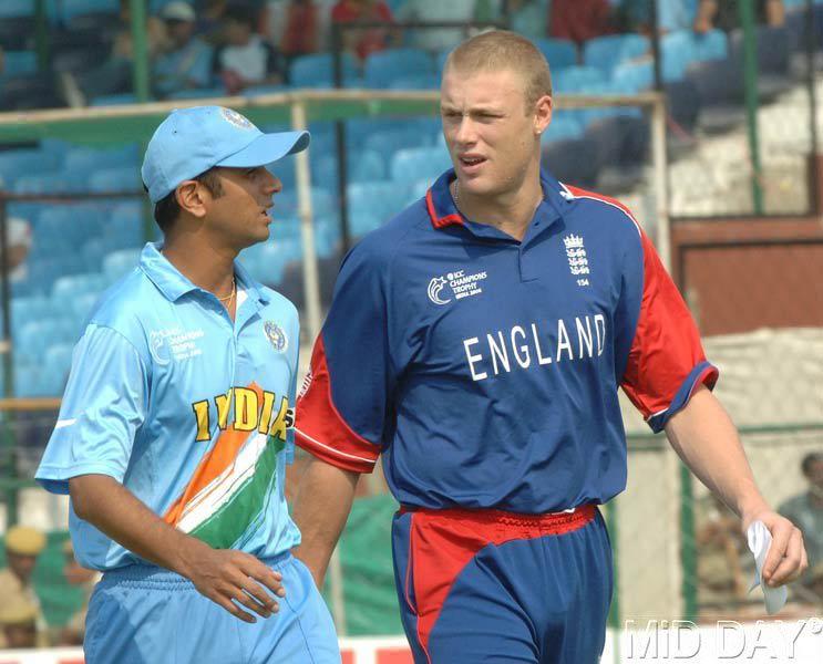 In picture: Rahul Dravid with Andrew Flintoff after the toss during an ICC Champions Trophy match between India and England at Sawai Man Singh Cricket Stadium, Jaipur.