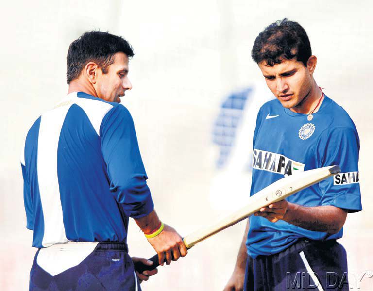 In picture: Rahul Dravid and Sourav Ganguly exchange notes on batting during the nets in Eden Gardens Cricket Ground in Kolkata.