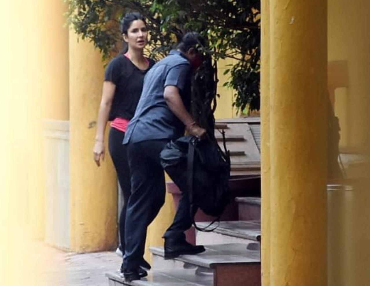 Katrina Kaif was clicked at Yash Raj Studios' in Andheri. She opted for a black t-shirt and trousers for the outing.