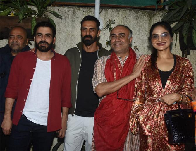 In picture: (L to R) Director of the film Bugs Bhargava Krishna, Manav Kaul, Sumeet Vyas, Anand Tiwari and Rajit Kapur pose for the shutterbugs as they all met at the success bash of Nail Polish.