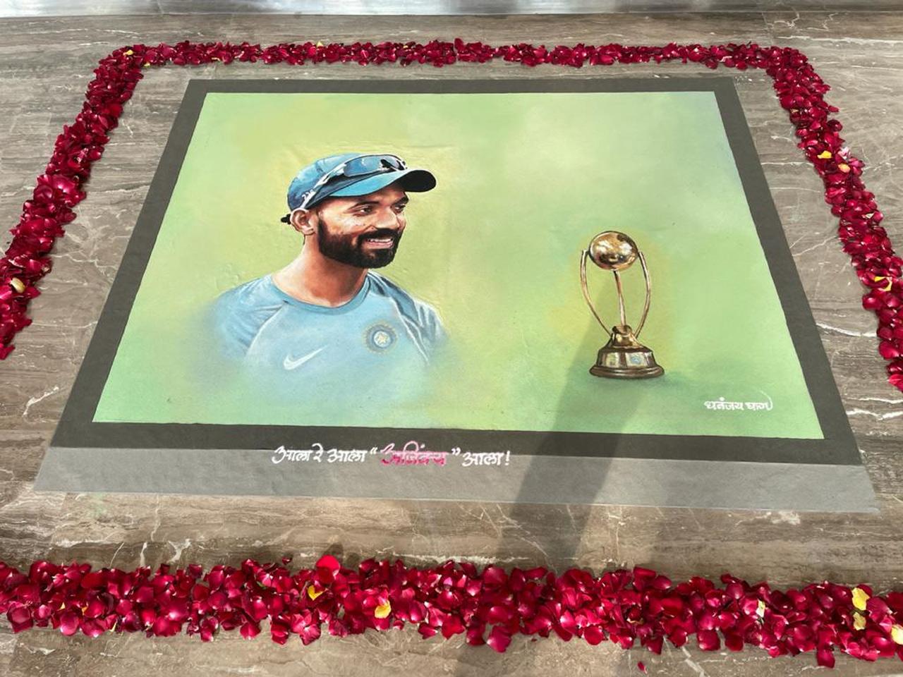 A cake was prepared by society members of the building where Ajinkya Rahane stays in Matunga in order to honour his achievements at the recently-concluded India tour of Australia. Picture/ mid-day reader Shripal Sangvi