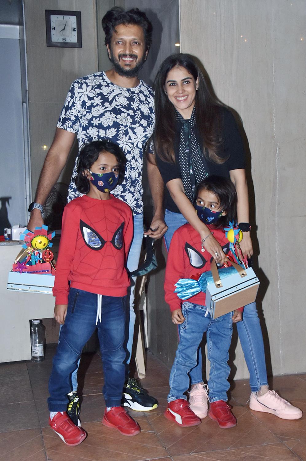 Power-couple Riteish Deshmukh and Genelia D'Souza Deshmukh attended Ravie Kapoor's birthday bash with their kids - Riaan and Rahyl Deshmukh.