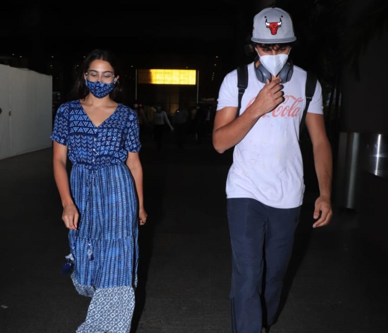 Sara Ali Khan was snapped with her brother Ibrahim Ali Khan at the Mumbai Airport. The sibling along with their mother Amrita Singh returned after enjoying an enchanting trip to Maldives. (All pictures: Yogen Shah). Sara Ali Khan was snapped with her brother Ibrahim Ali Khan at the Mumbai Airport. The sibling along with their mother Amrita Singh returned after enjoying an enchanting trip to Maldives. (All pictures: Yogen Shah).